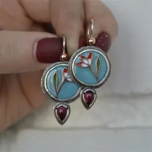 Blue Red Flower Enamel Purple Stone Droplet Dangle Earrings