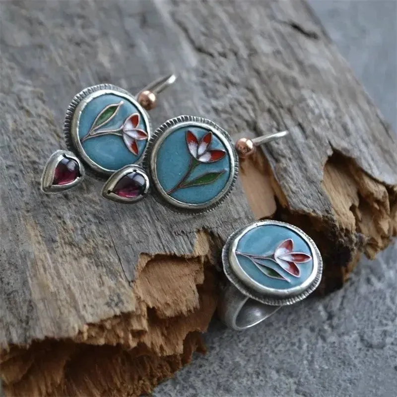 Blue Red Flower Enamel Purple Stone Droplet Dangle Earrings