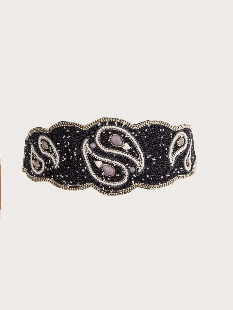 Boho Beaded Elastic Waist Wide Belt