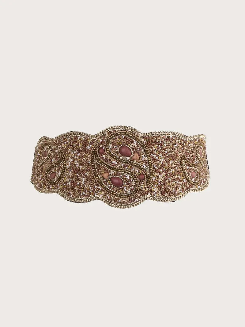 Boho Beaded Elastic Waist Wide Belt