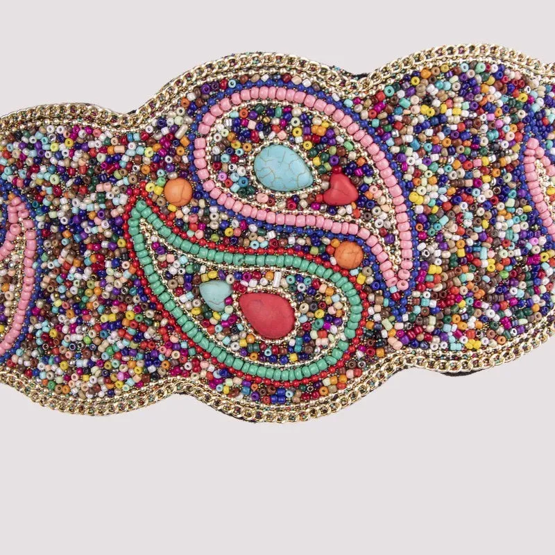 Boho Beaded Elastic Waist Wide Belt