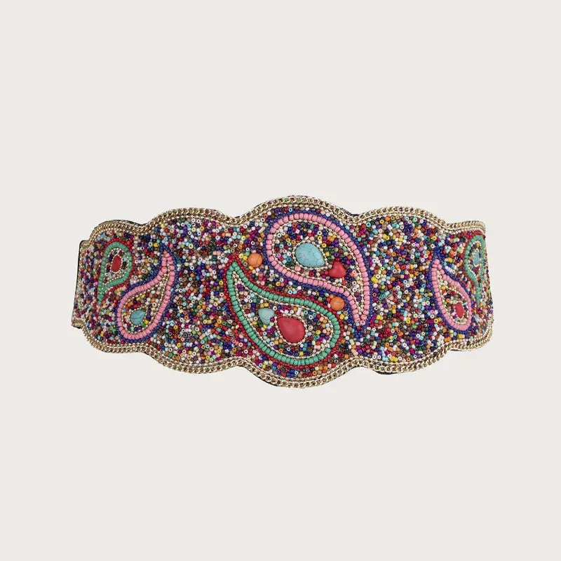 Boho Beaded Elastic Waist Wide Belt