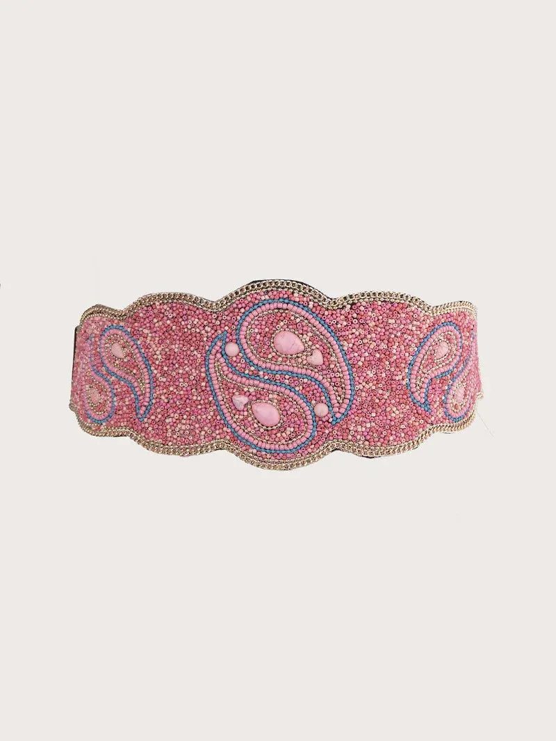Boho Beaded Elastic Waist Wide Belt