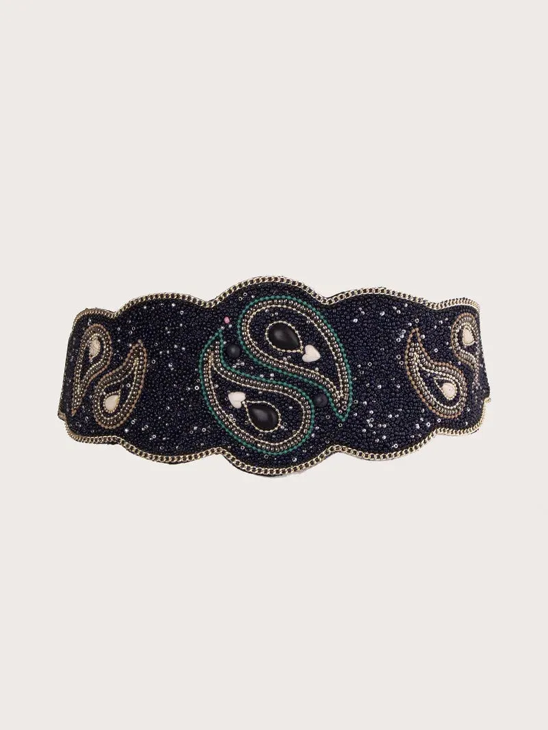 Boho Beaded Elastic Waist Wide Belt