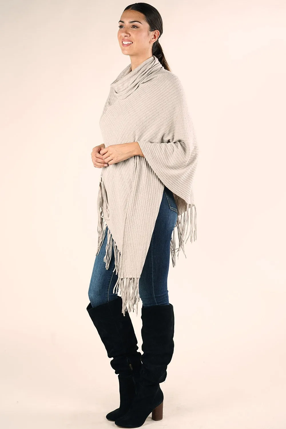 Boho Fringed Cowl Neck Poncho Sweater
