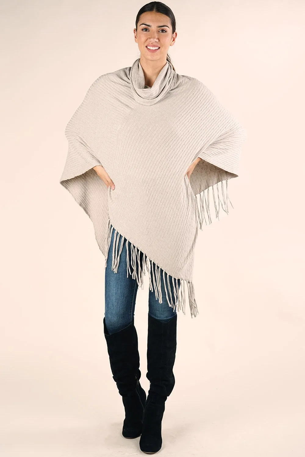 Boho Fringed Cowl Neck Poncho Sweater