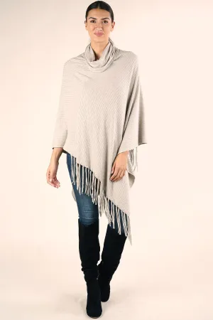 Boho Fringed Cowl Neck Poncho Sweater