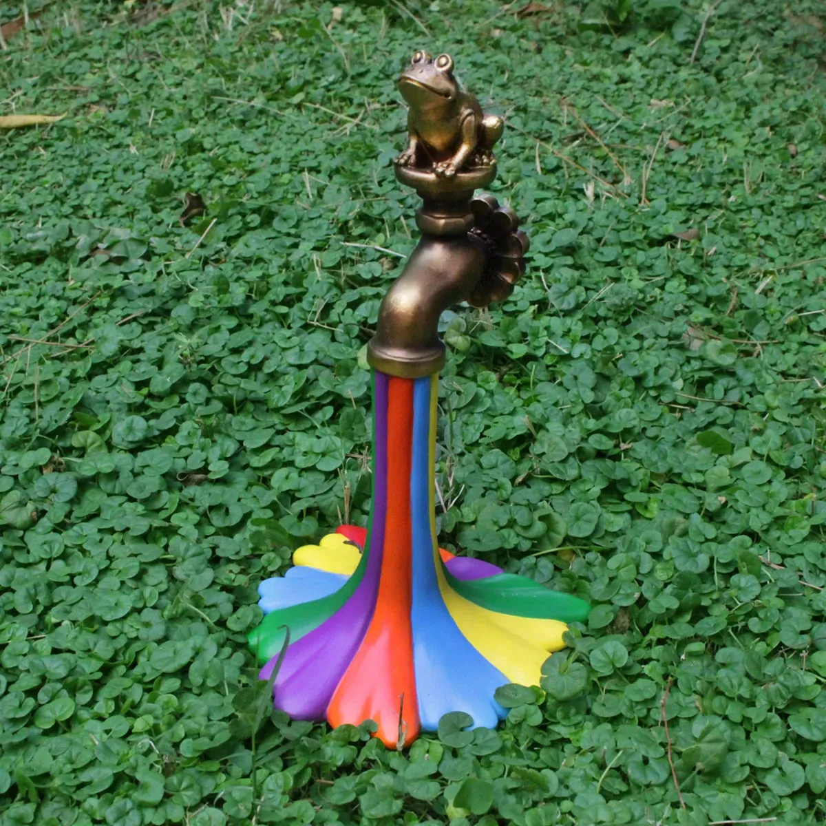 Bronzed Frog Tap Rainbow Resin Statue Garden Decor