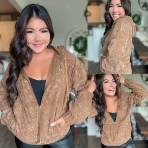 Charlotte Corduroy Acid Wash Hoodie Full Zip Up Jacket Mocha