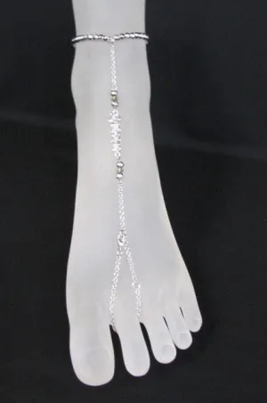 Gold Silver Thin Chains Toe Ring Anklet Mini Flowers Foot Chain Elastic Band