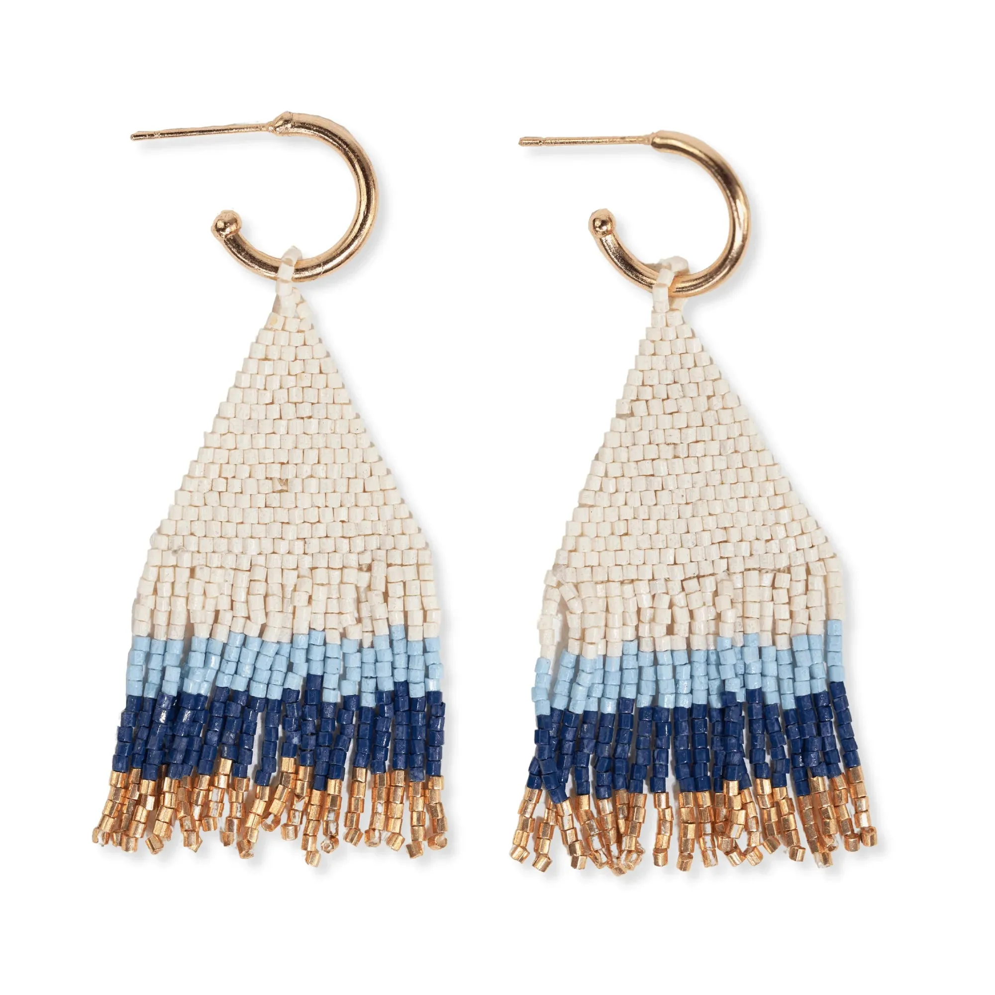 James Mini Gold Hoop Colorblock Beaded Fringe Earrings Navy