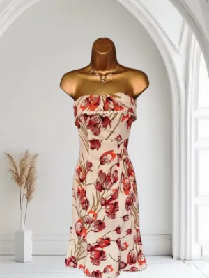 Karen Millen Vintage Ivory Coral Tulip Print Chelsy Corset Dress UK 8 US 4 EU 36