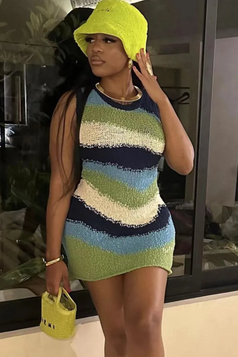 Knit Multicolor Stripe Sleeveless Bodycon Mini Dress