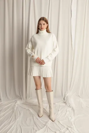 Knitwear Fabric Turtleneck Sweater white Skirt Set