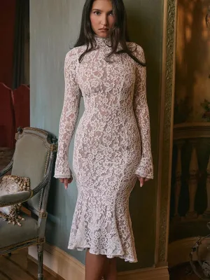 Lace White Long Sleeve Turtleneck Dress
