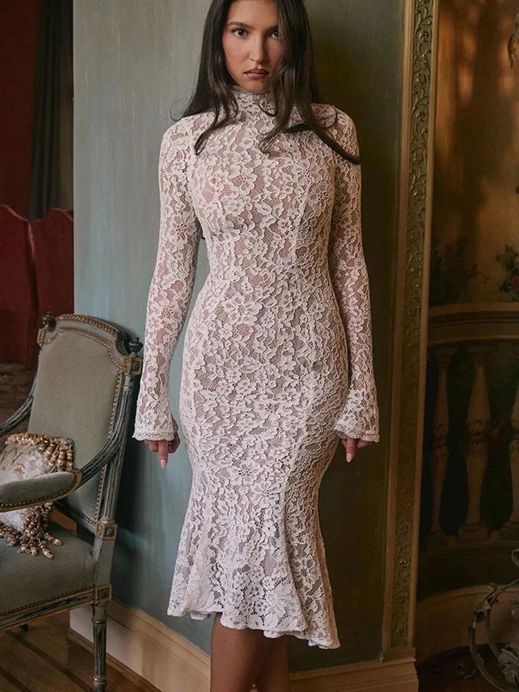 Lace White Long Sleeve Turtleneck Dress