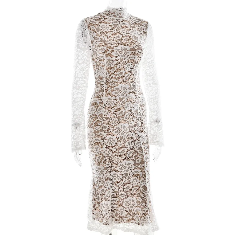 Lace White Long Sleeve Turtleneck Dress