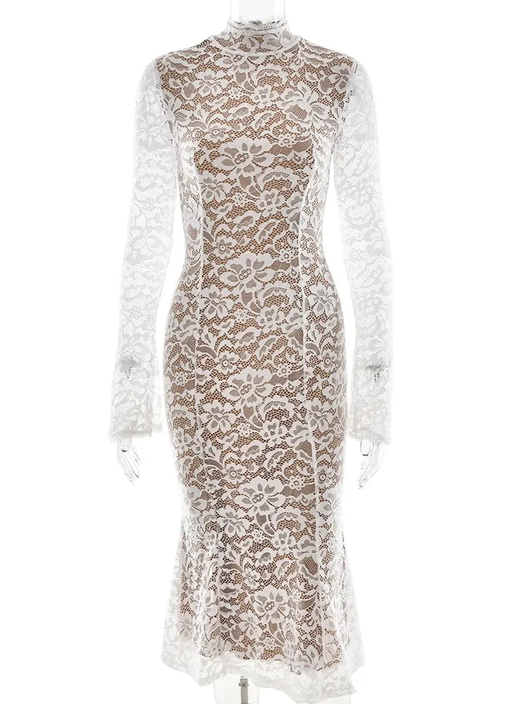 Lace White Long Sleeve Turtleneck Dress