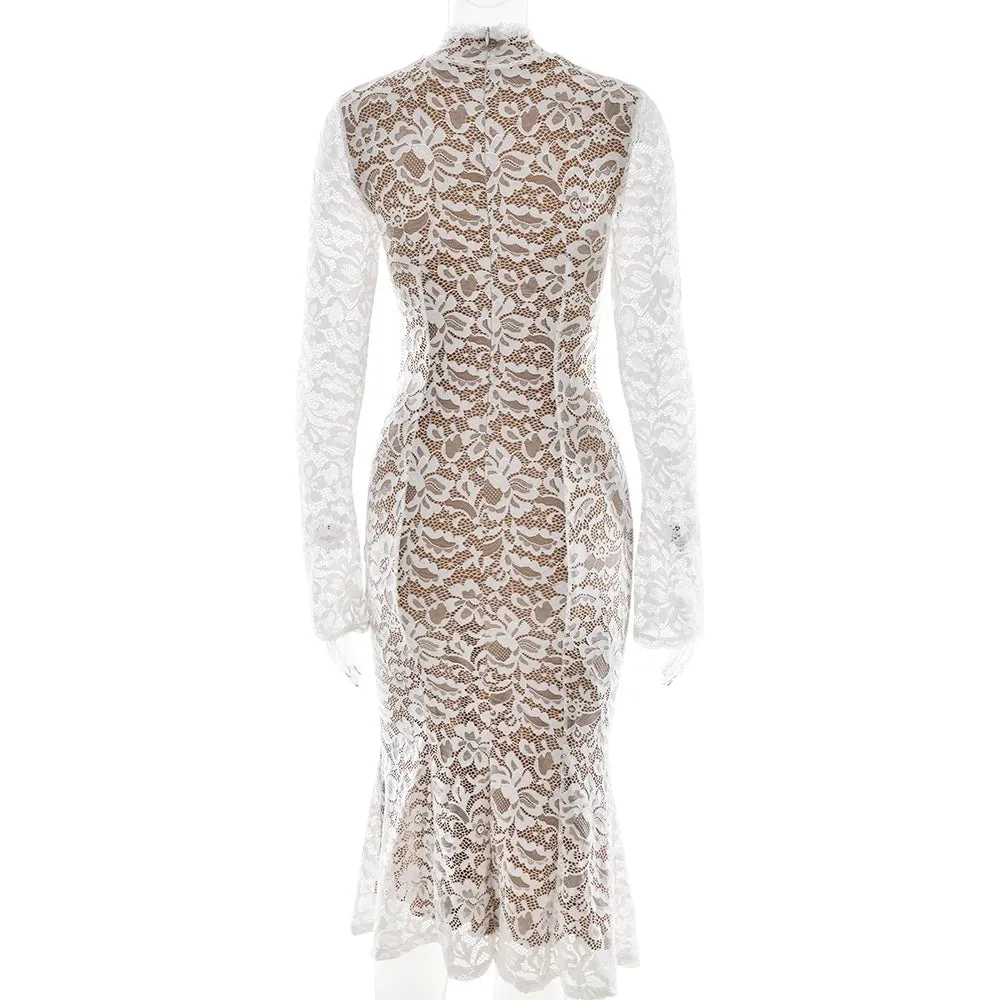 Lace White Long Sleeve Turtleneck Dress