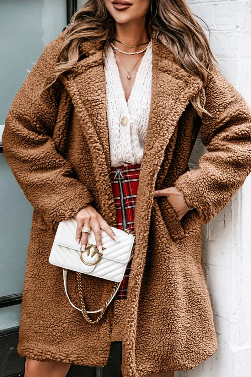 Lapel Long Sleeve Button Furry Jacket