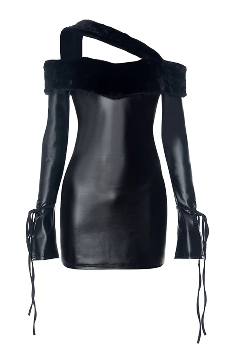 Leather Faux Fur Patchwork Long Sleeve Bodycon Dress