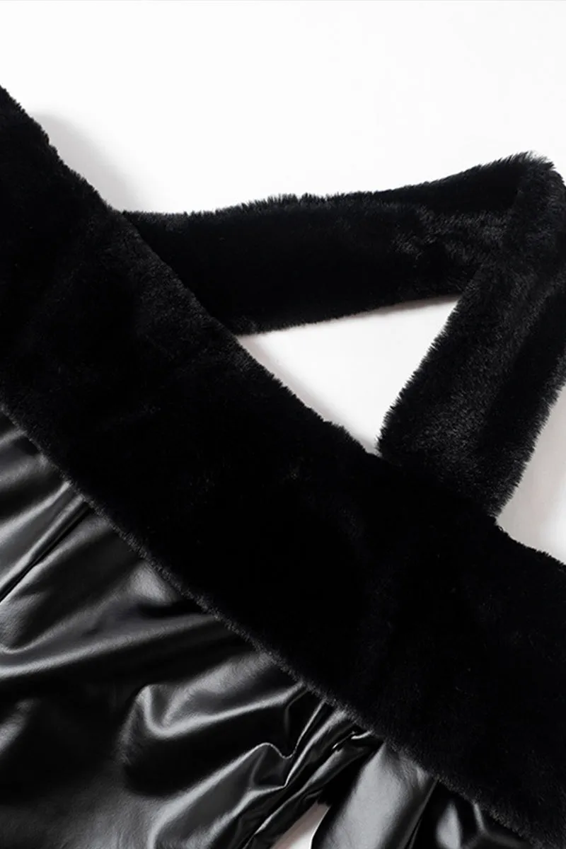 Leather Faux Fur Patchwork Long Sleeve Bodycon Dress