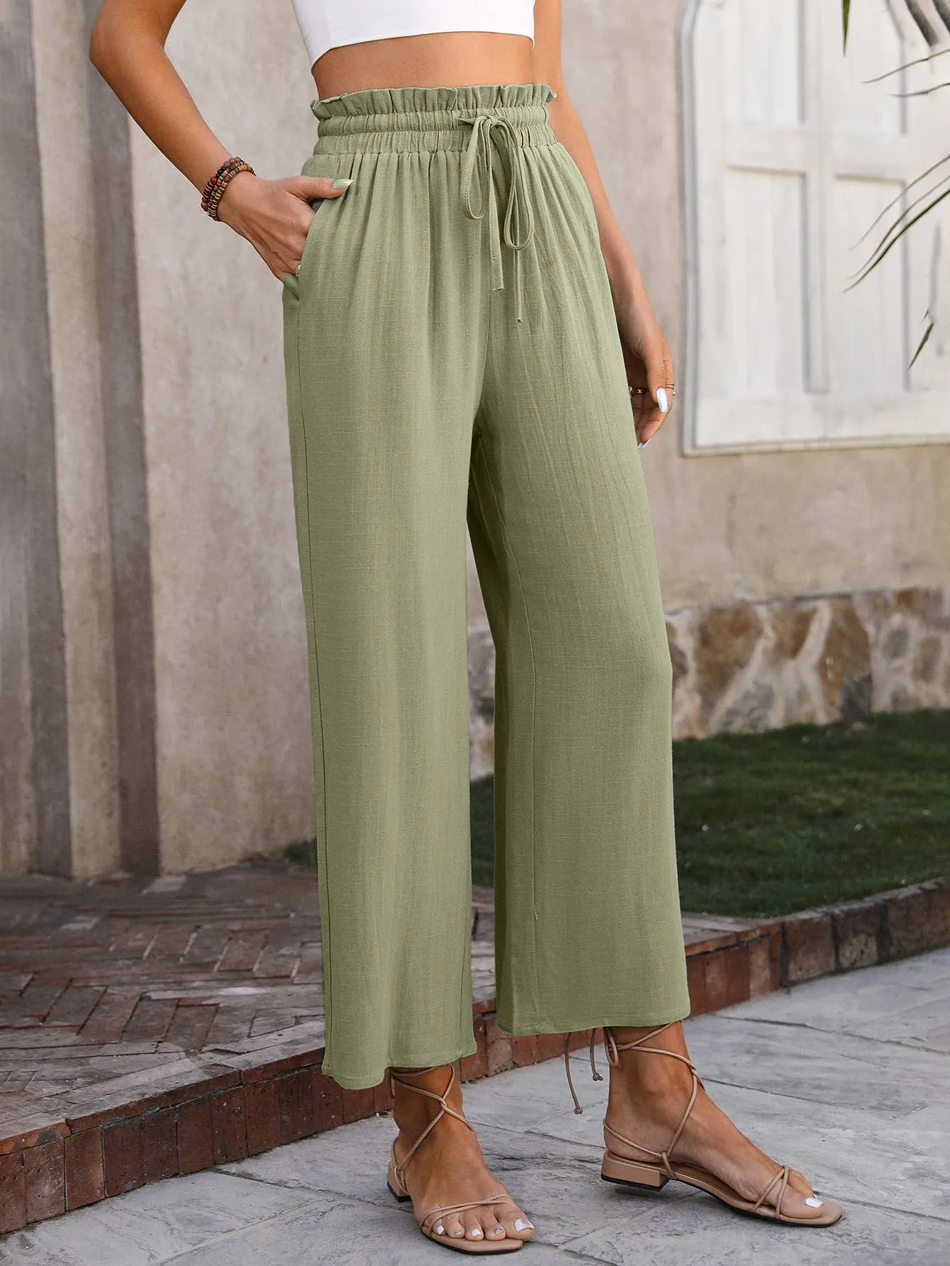 Linen Cropped Wide Leg Pants G5-P8033: Blue