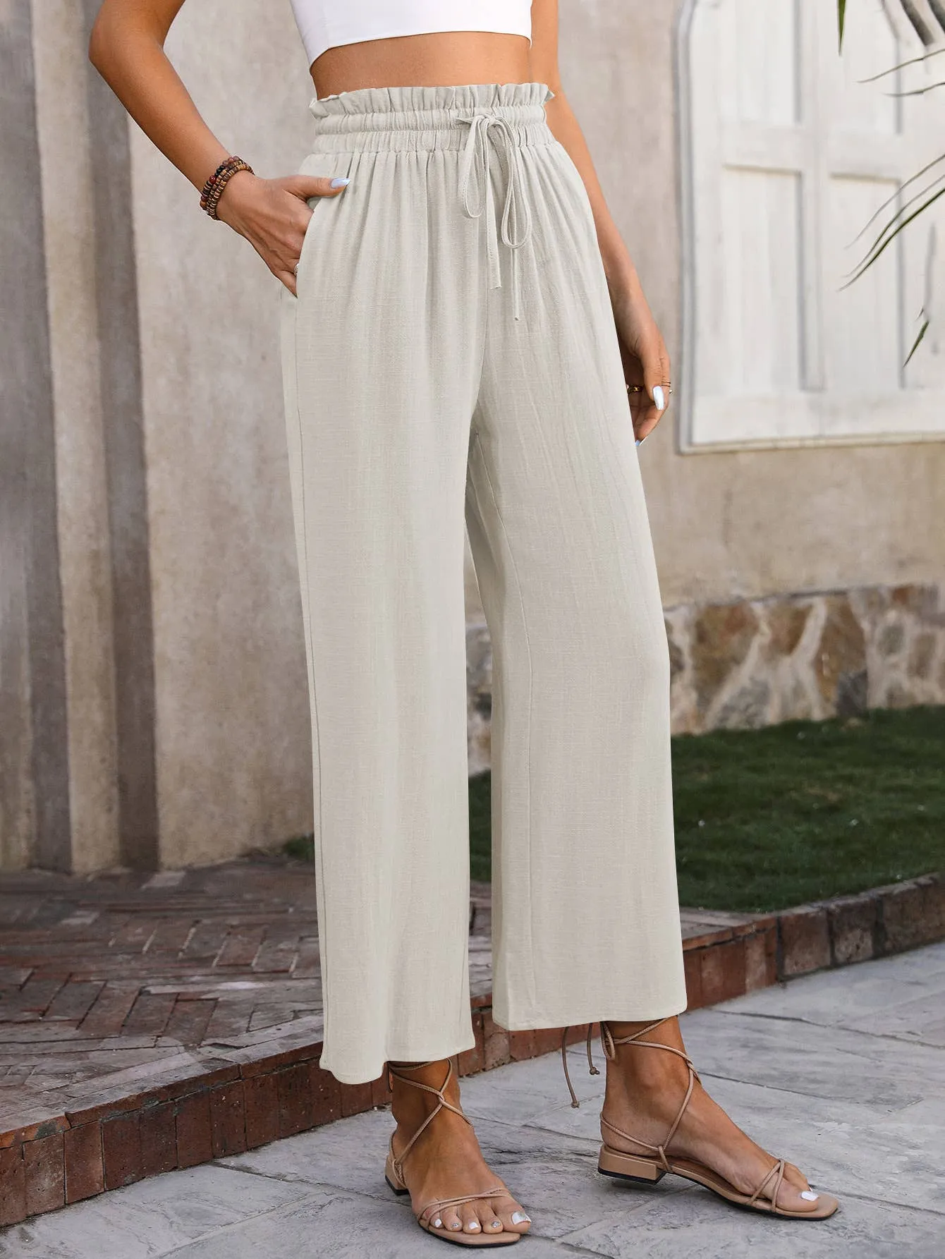 Linen Cropped Wide Leg Pants G5-P8033: Blue
