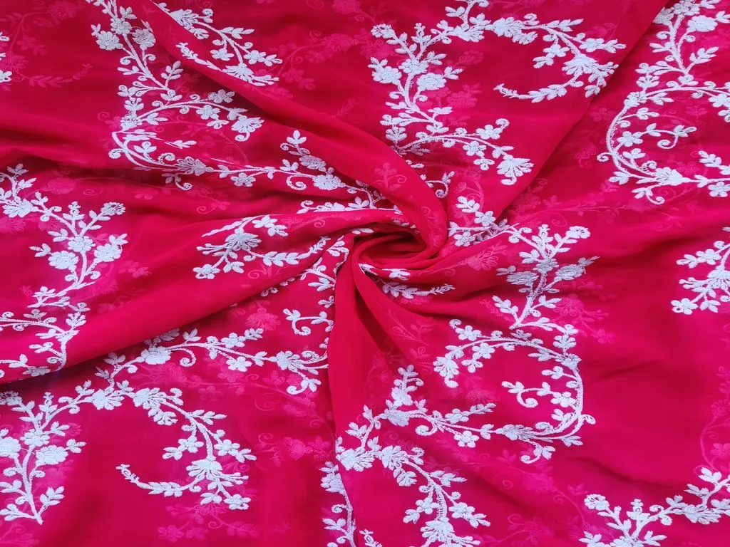 Magenta Pink White Flowers Chikankari Embroidered Georgette Fabric