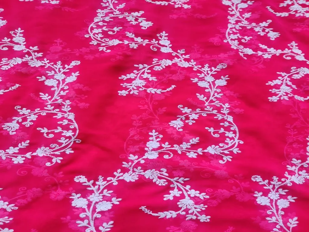 Magenta Pink White Flowers Chikankari Embroidered Georgette Fabric