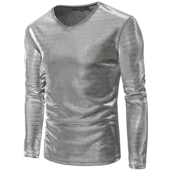 Mens Fashion Personalized Nightclub Solid Color Long Sleeve Bright Casual T-shirt