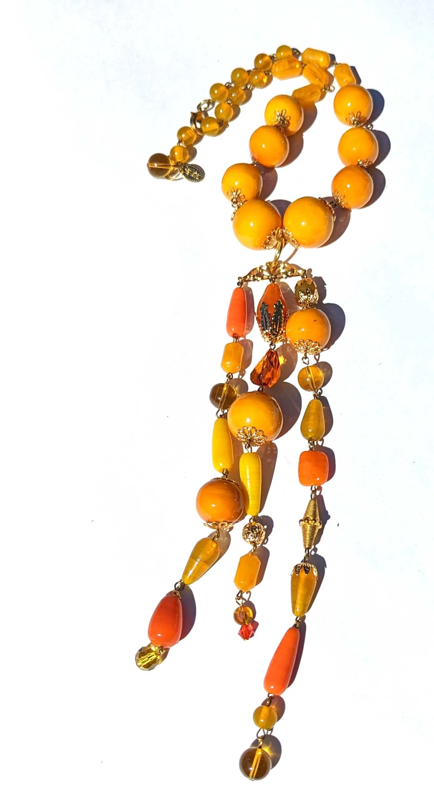 Mustard Cotton Pearls Long Tassle Necklace Gay Isber one of a kind USA