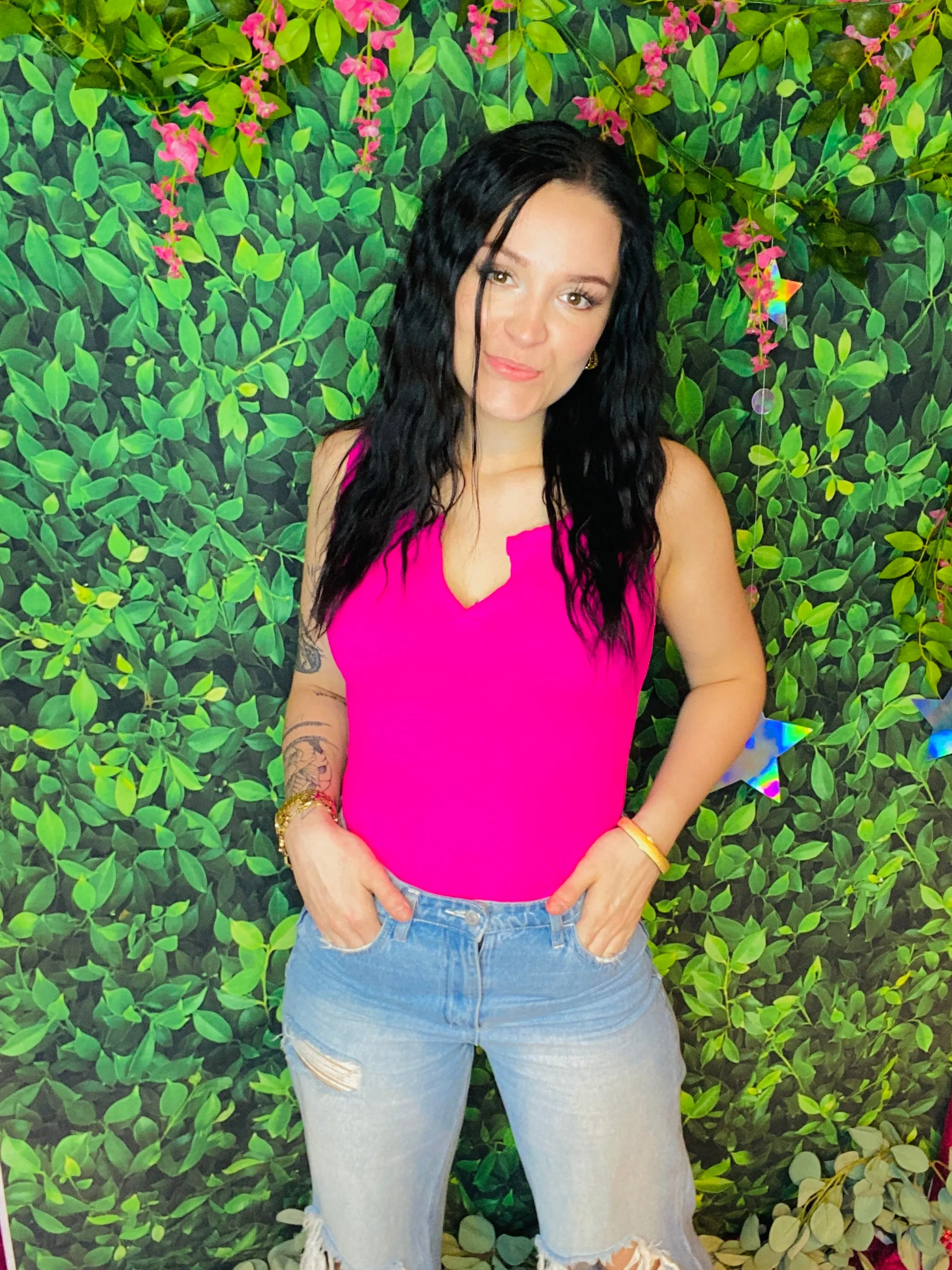 Neon Barbie Split Neck Bodysuit