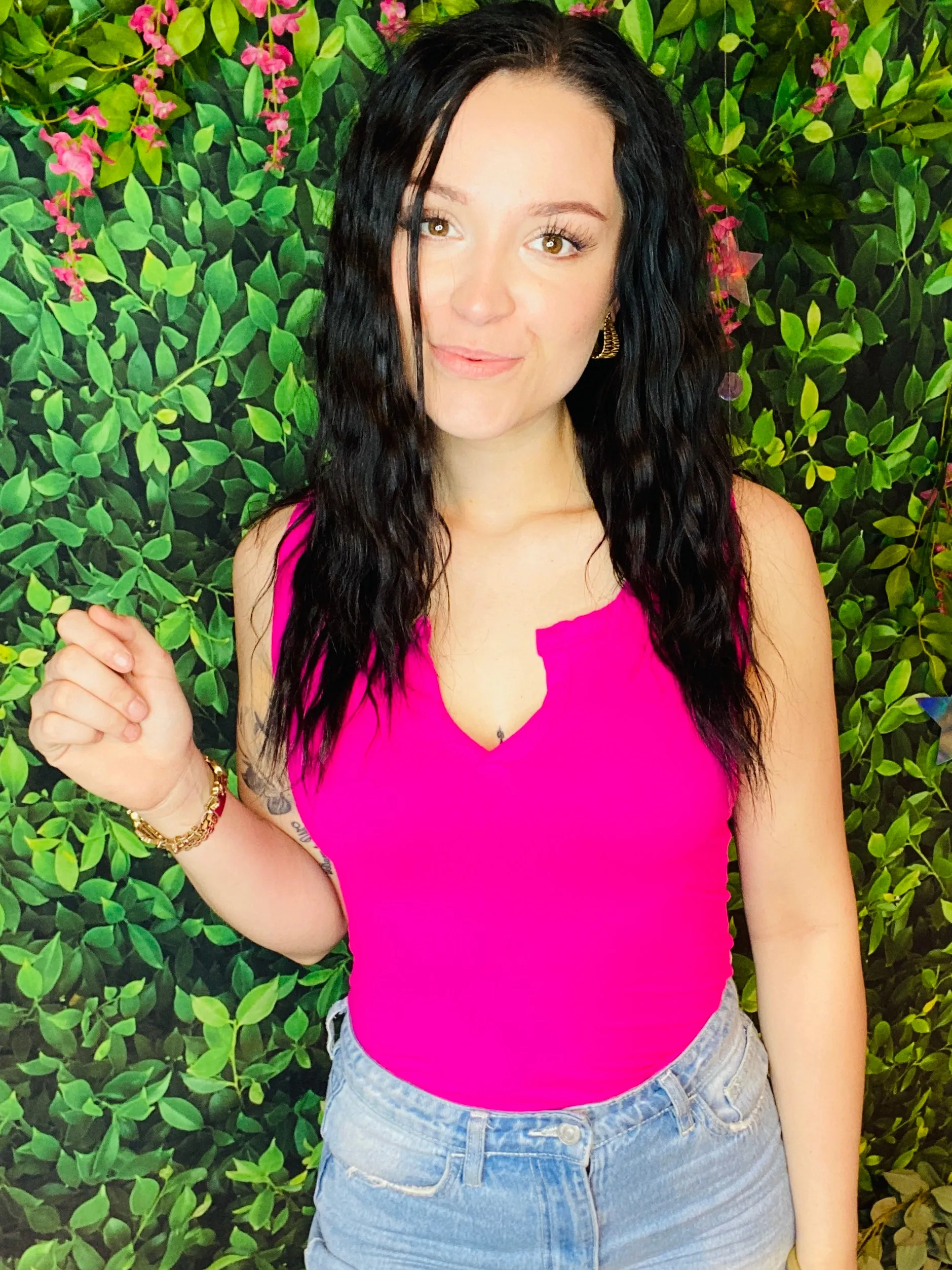 Neon Barbie Split Neck Bodysuit