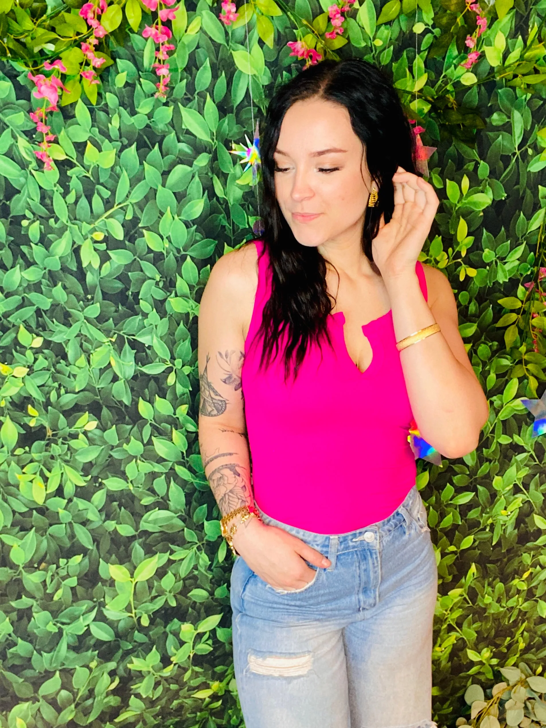 Neon Barbie Split Neck Bodysuit