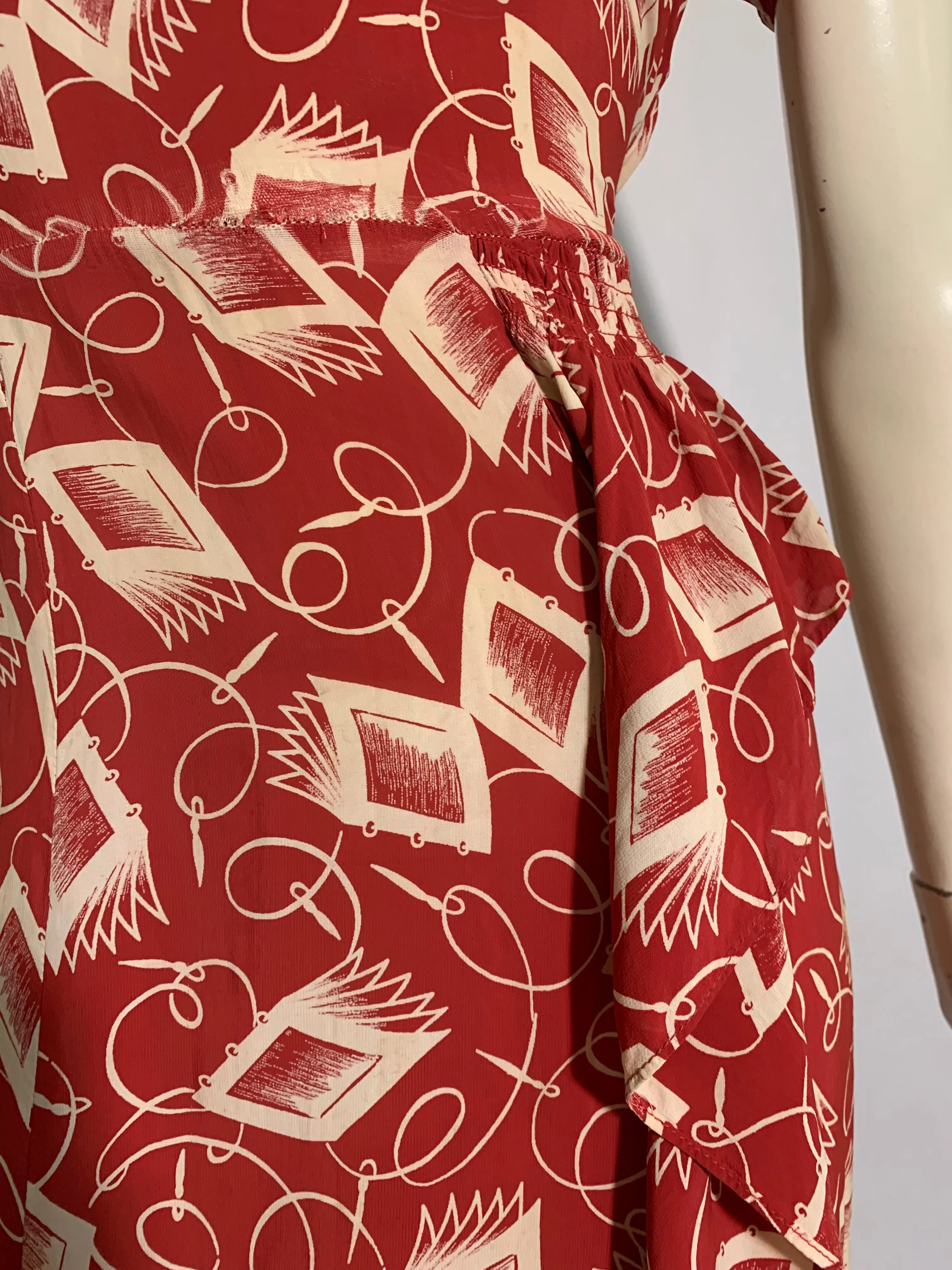 Notebook and Pen Brick Red Novelty Print Dress circa 1940s
