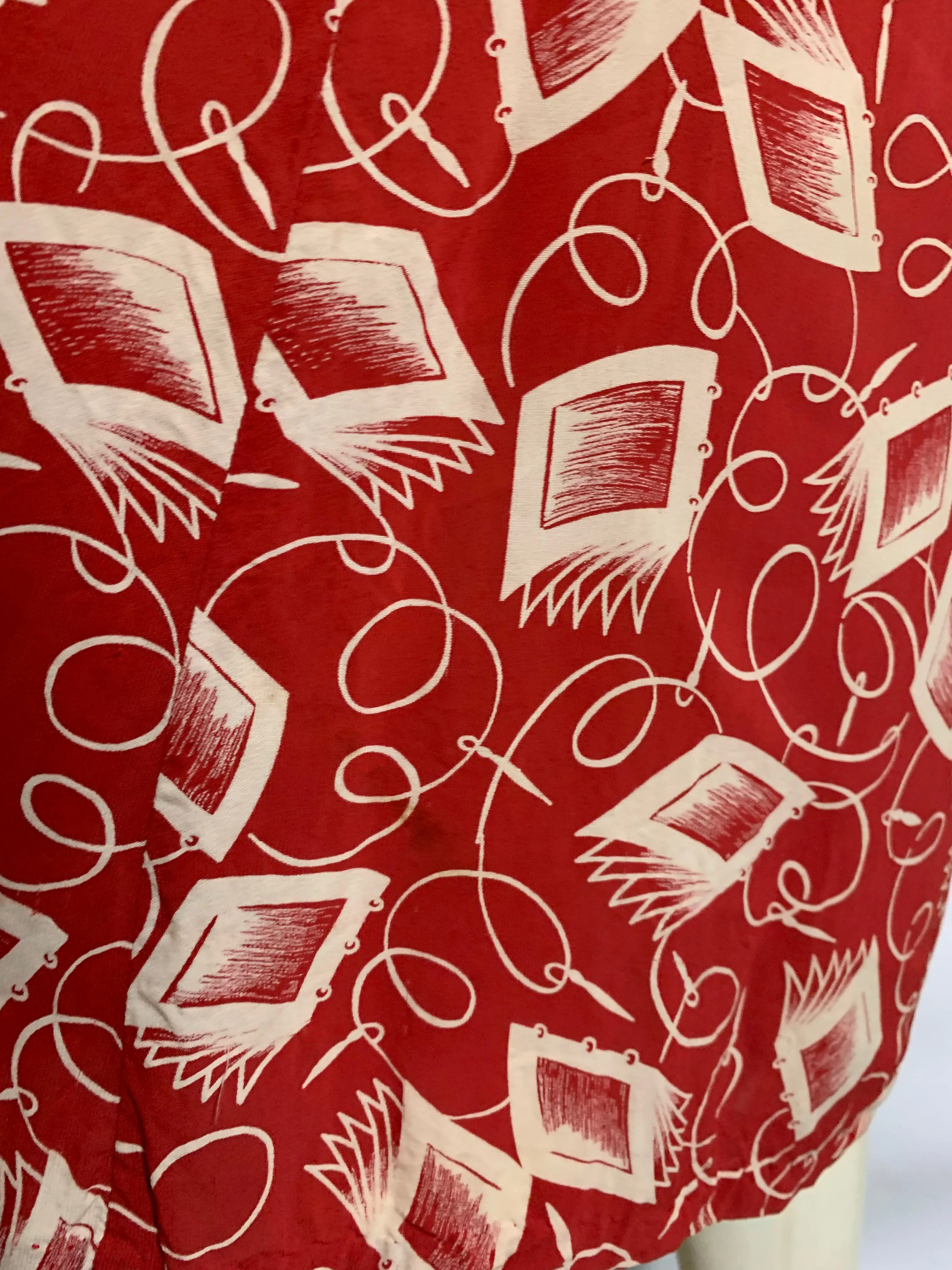 Notebook and Pen Brick Red Novelty Print Dress circa 1940s