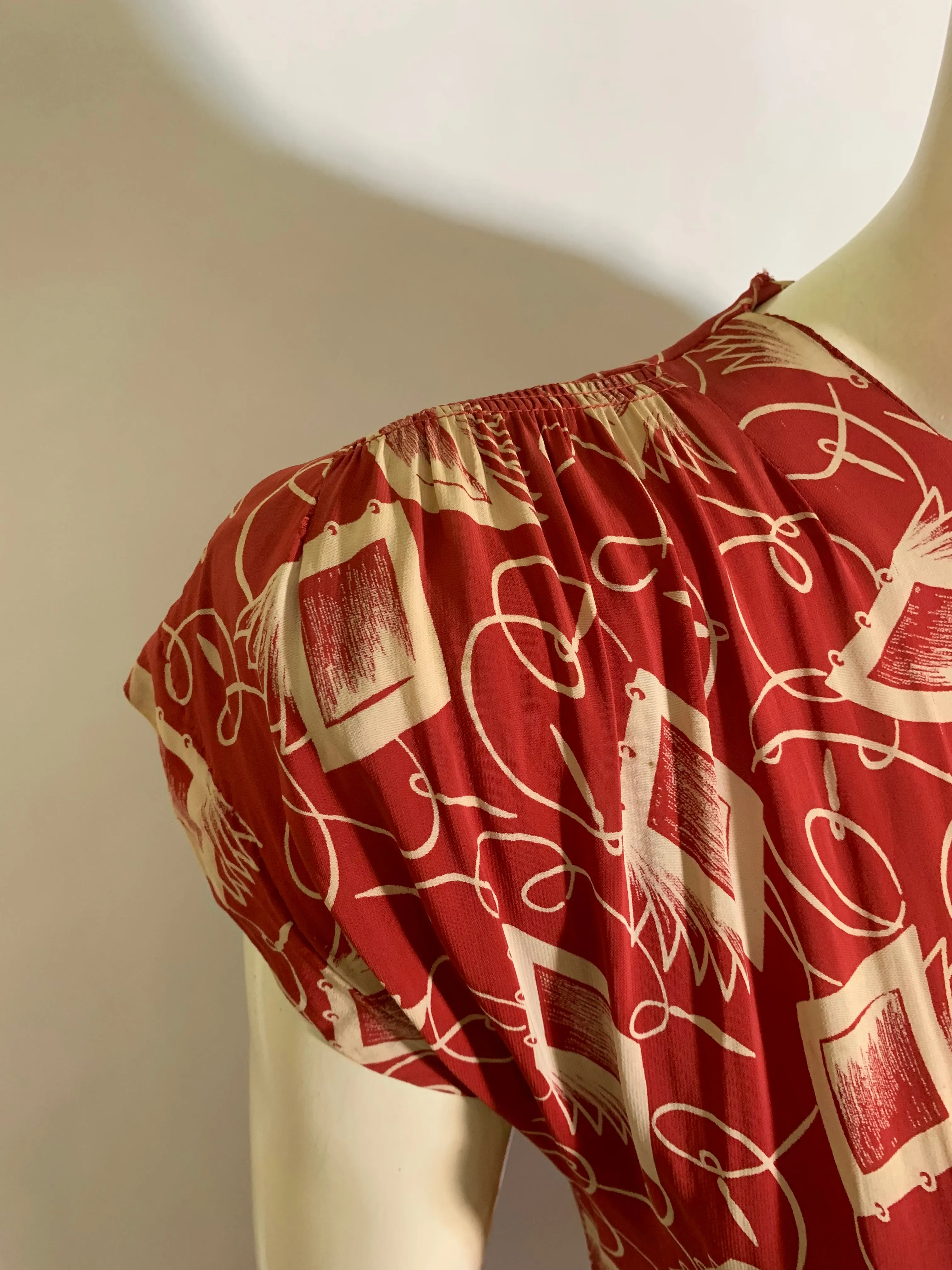 Notebook and Pen Brick Red Novelty Print Dress circa 1940s
