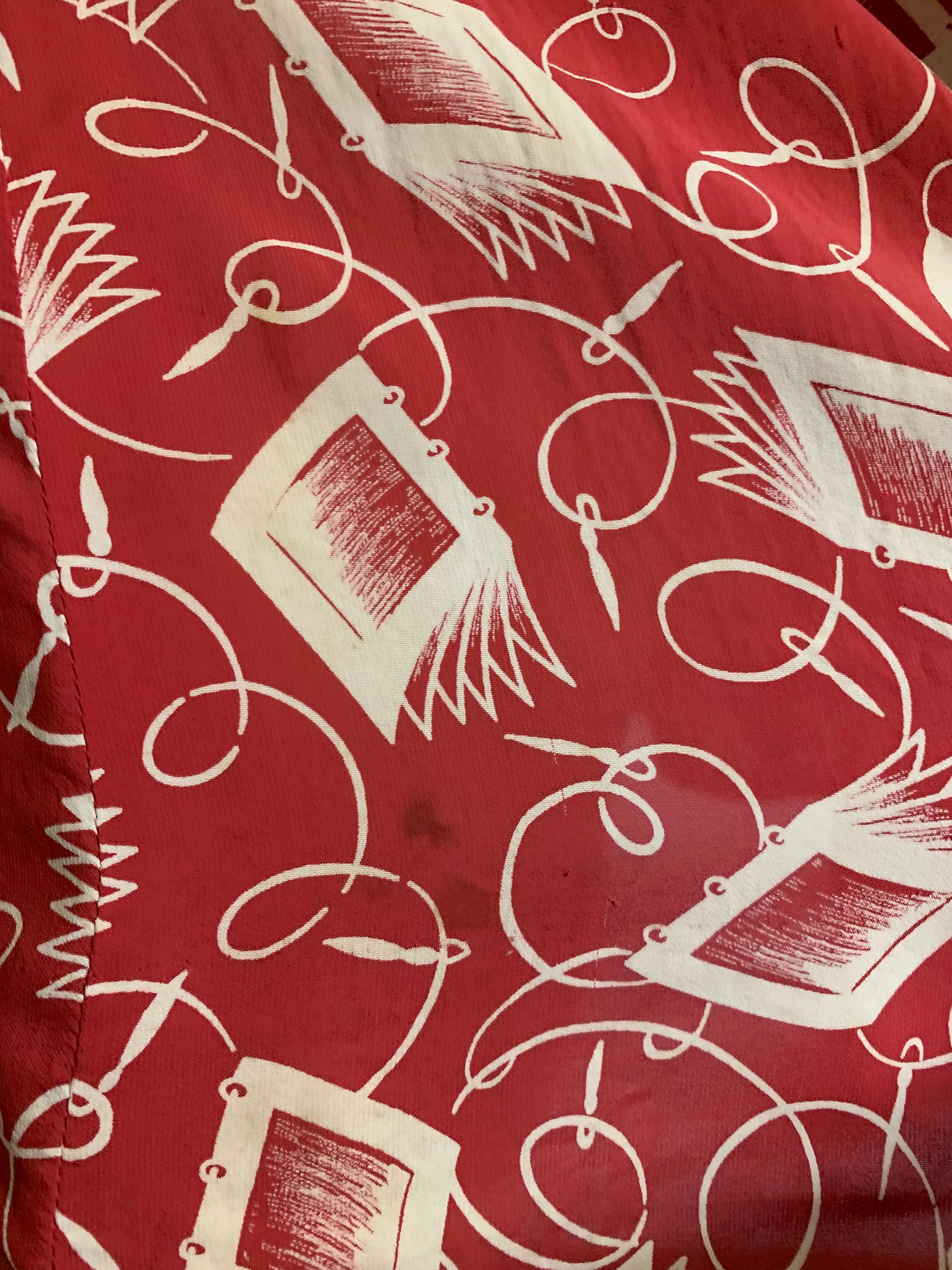 Notebook and Pen Brick Red Novelty Print Dress circa 1940s