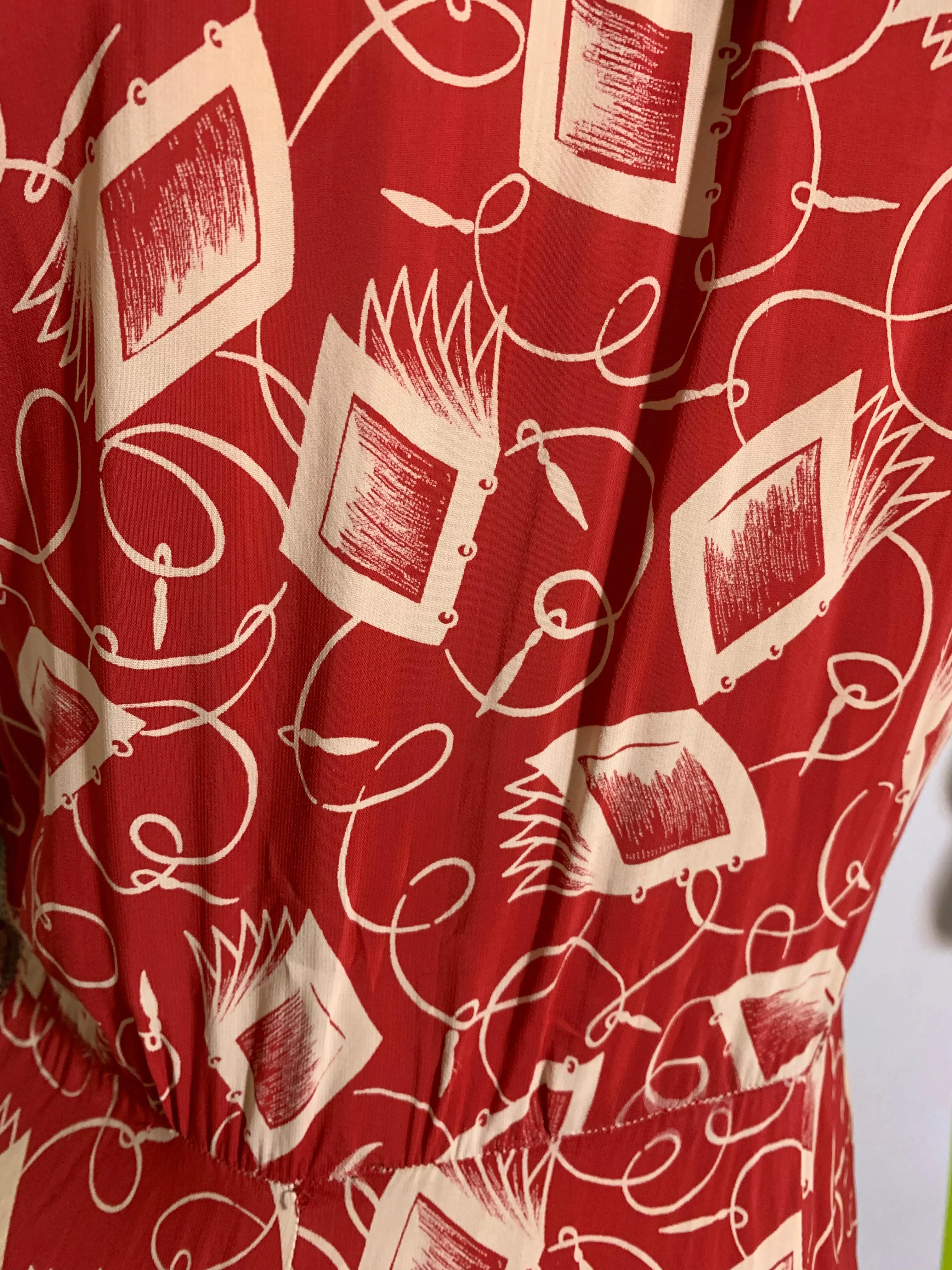 Notebook and Pen Brick Red Novelty Print Dress circa 1940s