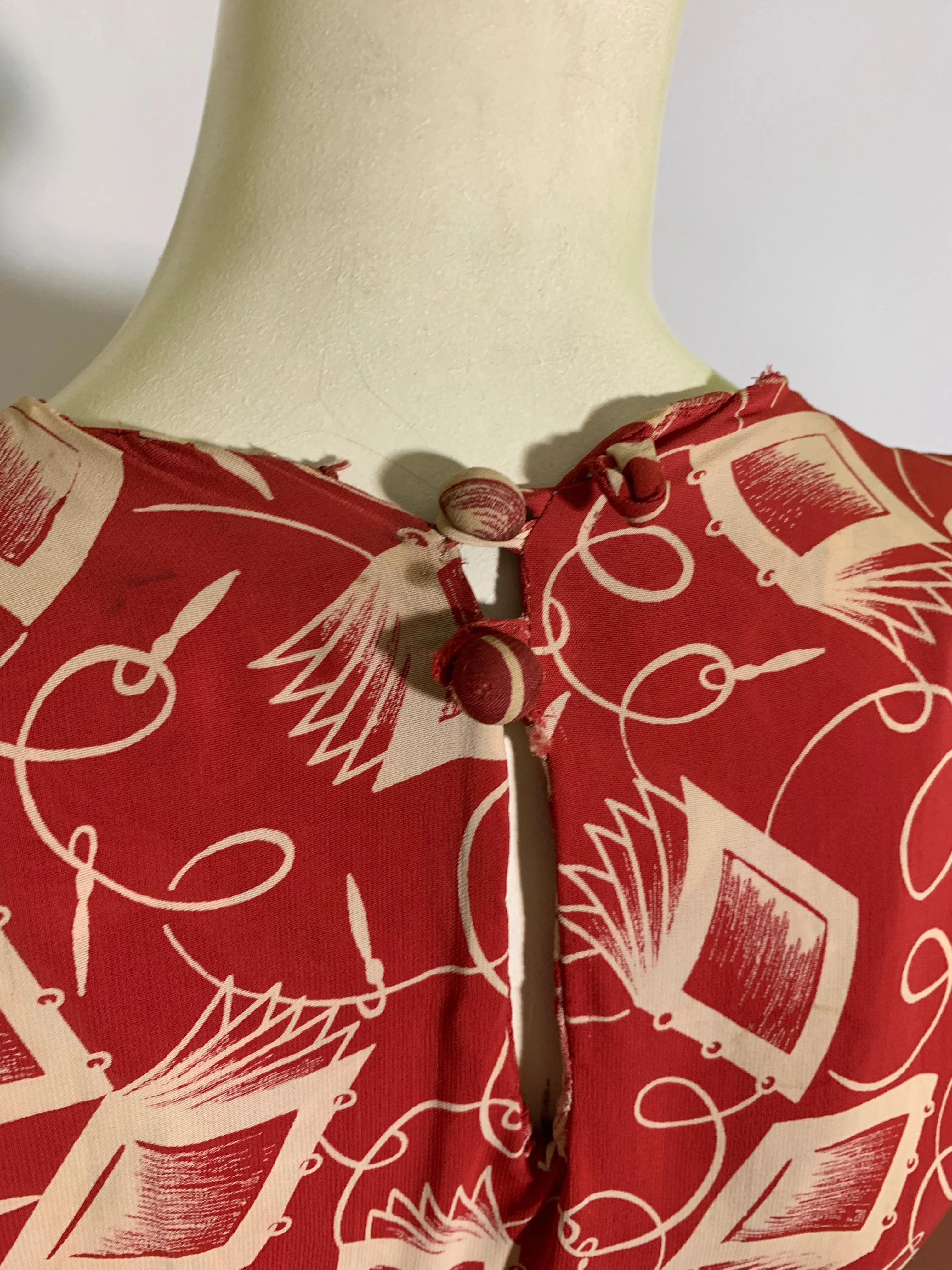 Notebook and Pen Brick Red Novelty Print Dress circa 1940s