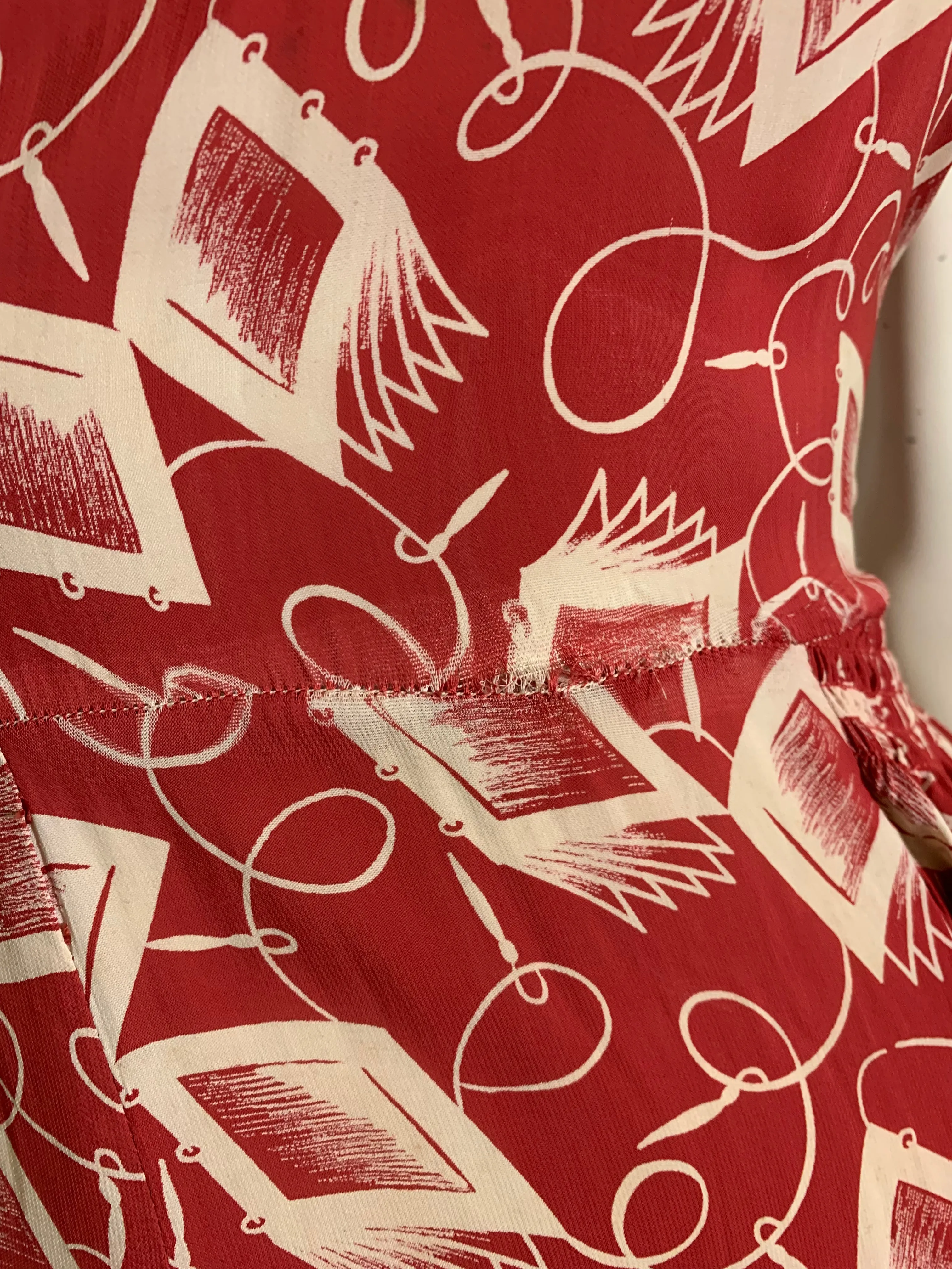 Notebook and Pen Brick Red Novelty Print Dress circa 1940s