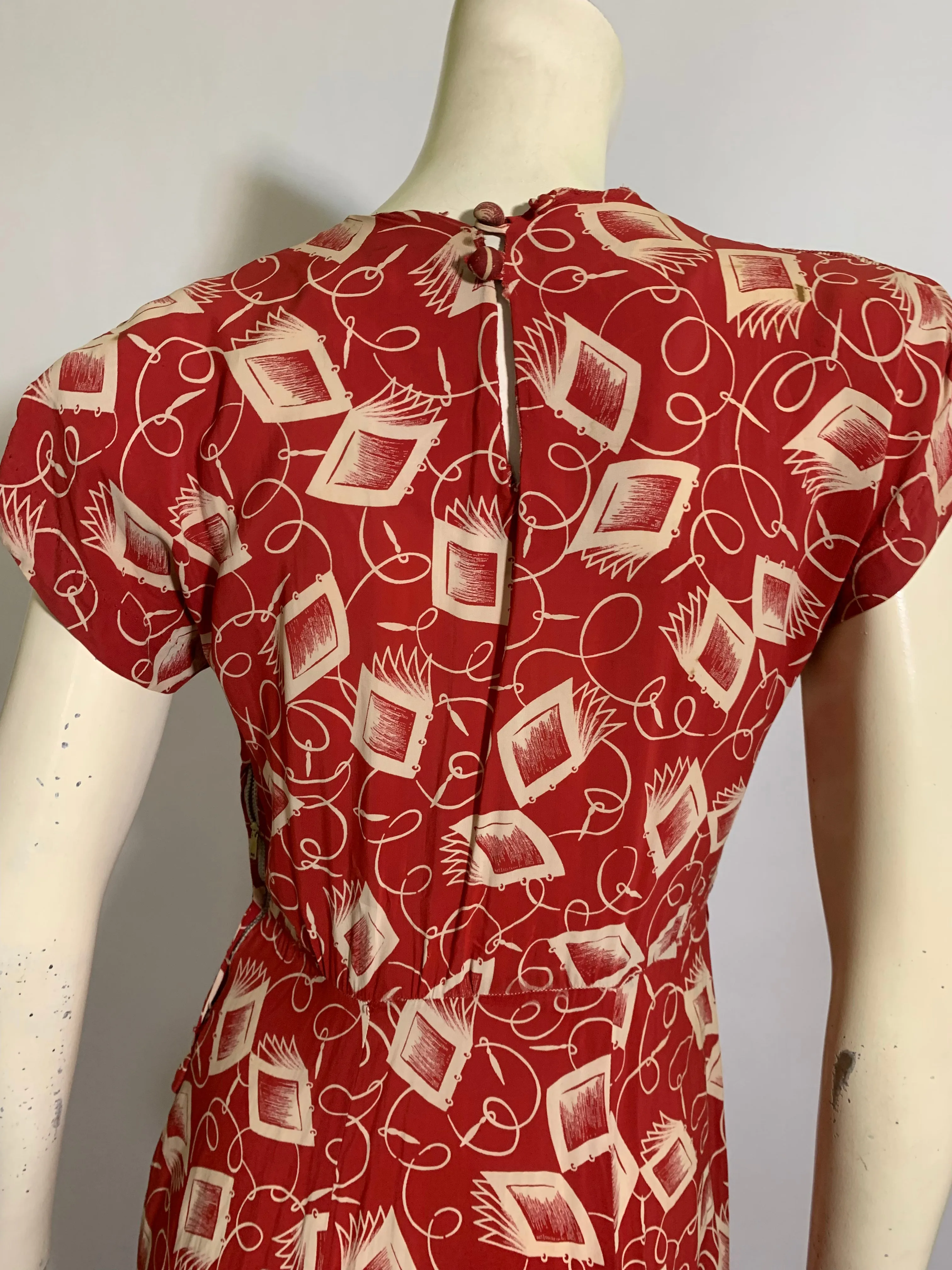 Notebook and Pen Brick Red Novelty Print Dress circa 1940s