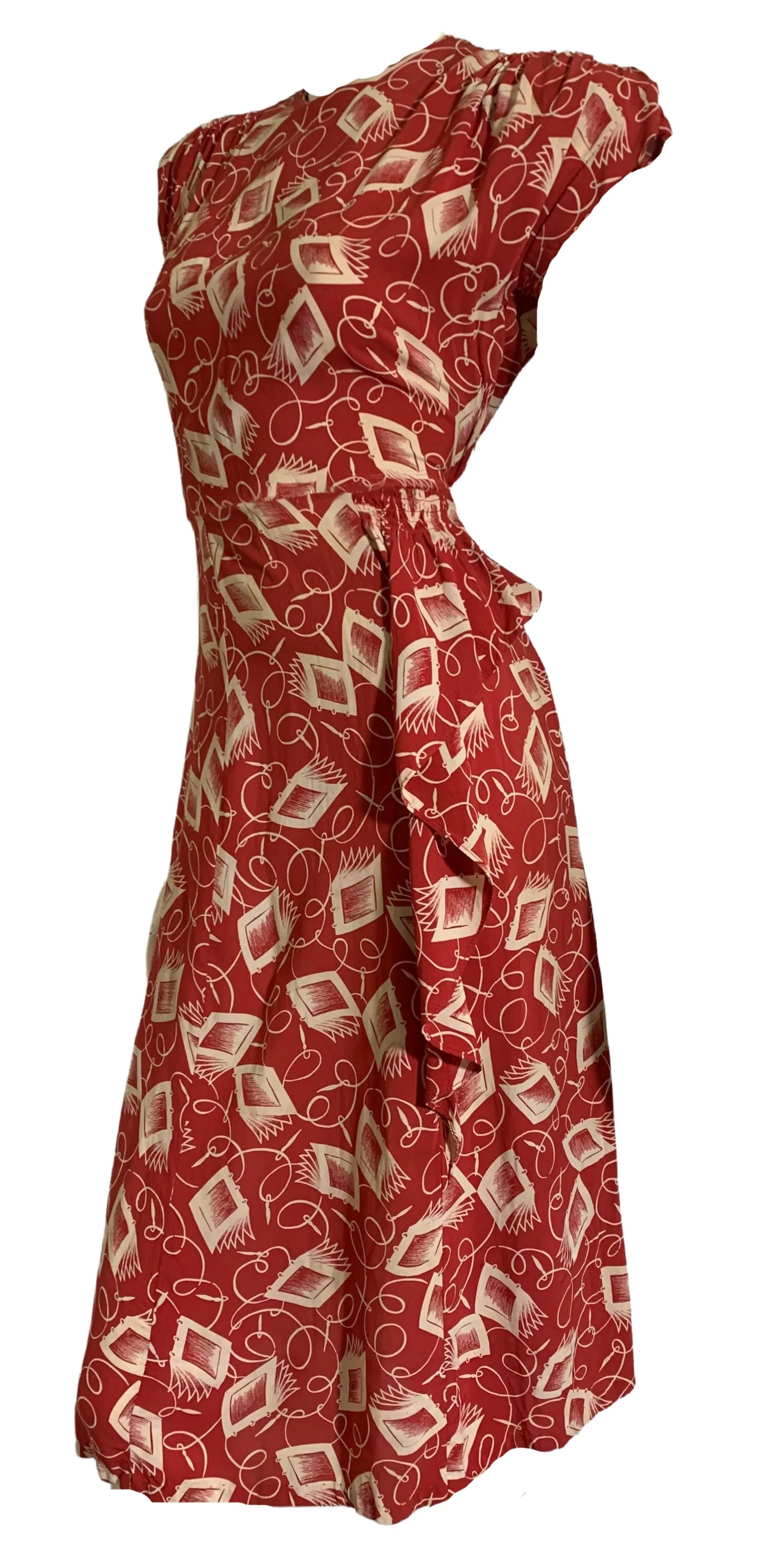 Notebook and Pen Brick Red Novelty Print Dress circa 1940s