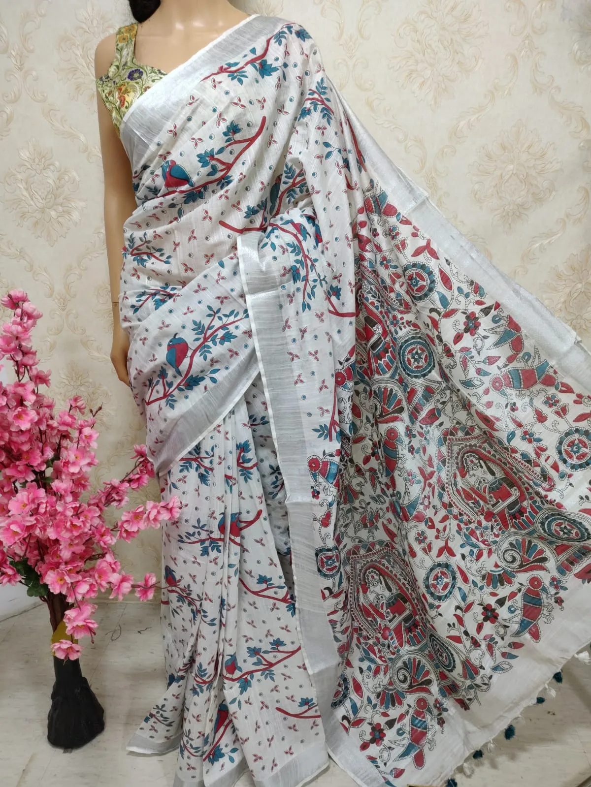 Off White Block Printed Cotton Linen Saree
