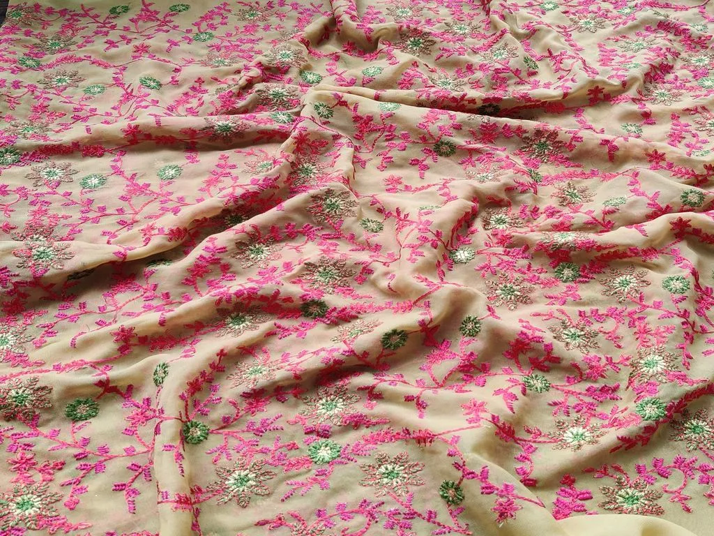 Olive Green Pink Flowers Kashmiri Embroidered Georgette Fabric