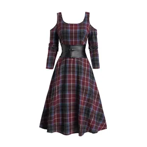 Olivia – Plaid Cold Shoulder Belted Midi Dress