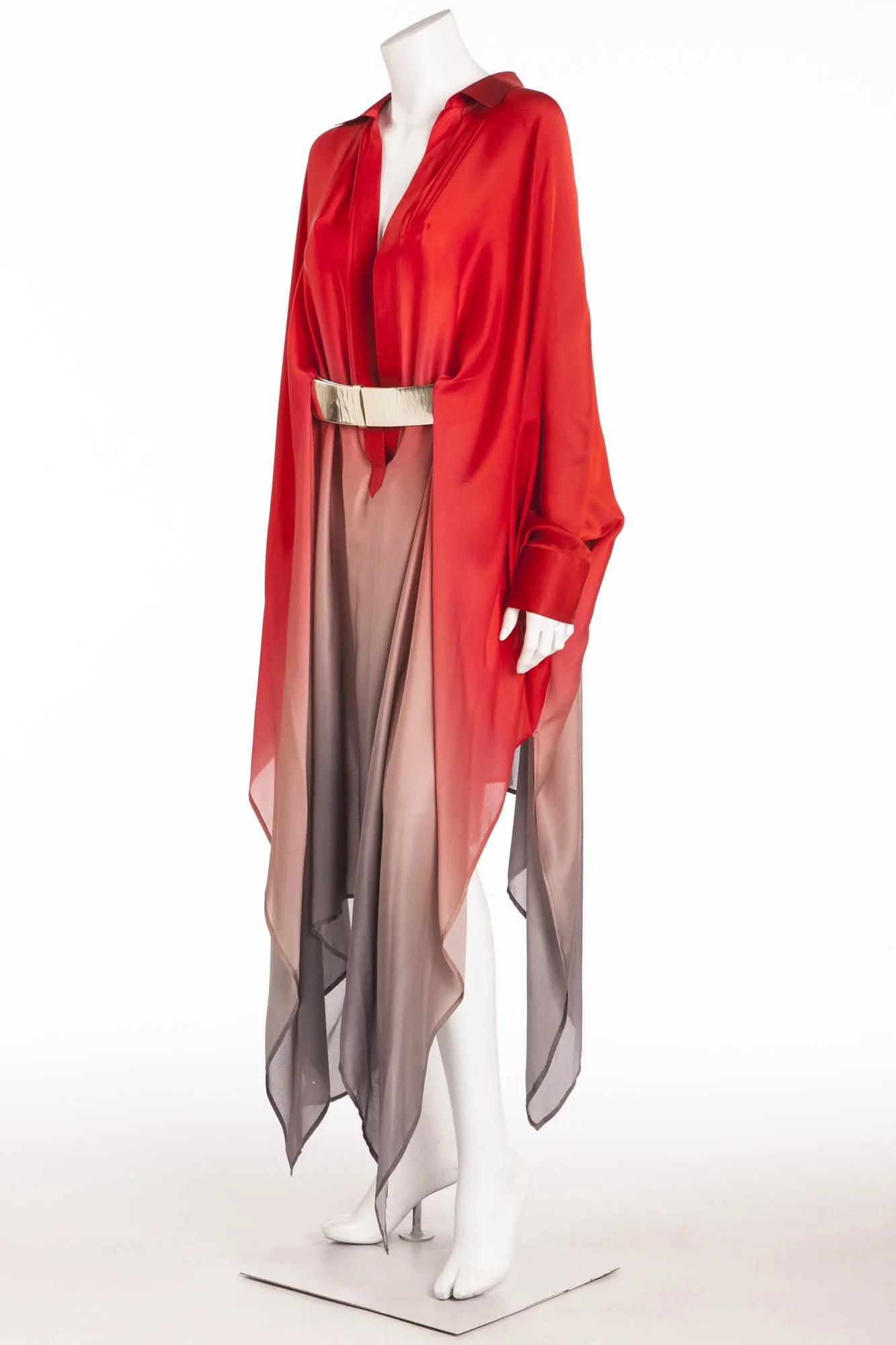 Original Alexander McQueen - 2PC New Red and Gray Ombre Long Sleeve Dress with Belt - IT 42