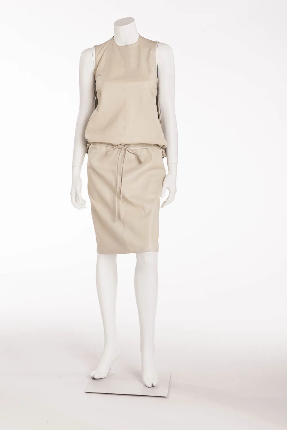 Original Alexander McQueen - Shredded Back Cat Woman Face Gray Beige Leather Dress - IT 42
