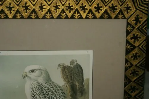 OVER 100 YEARS OLD RARE ANTIQUE ORIGINAL 1896 KEULEMAN’S FALCON FOLIO CHROMOLITHOGRAPH CHROMO NAUMANN MATTED AND CUSTOM FRAMED IN UNIQUE DETAILED CUSTOM HAND PAINTED FRAME SIGNED BY ARTIST WALL ART DECOR